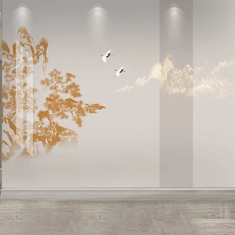 Interior Design With Wallpaper - Zarif Çin El-Boyalı Çam ve Vinç