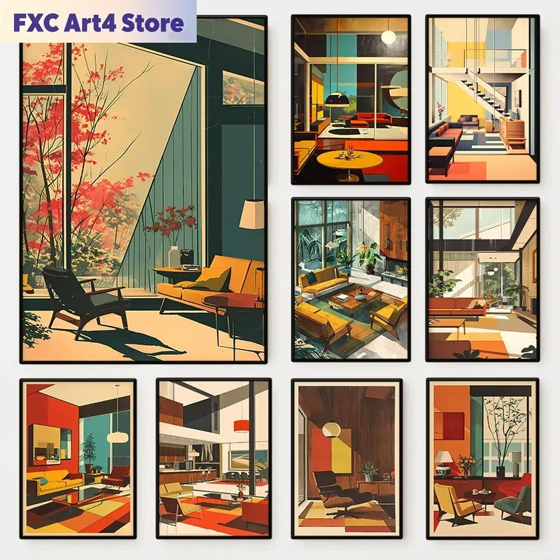 Interior Design Layout - Çerçevesiz Vintage İç Mekan Mimari Posteri