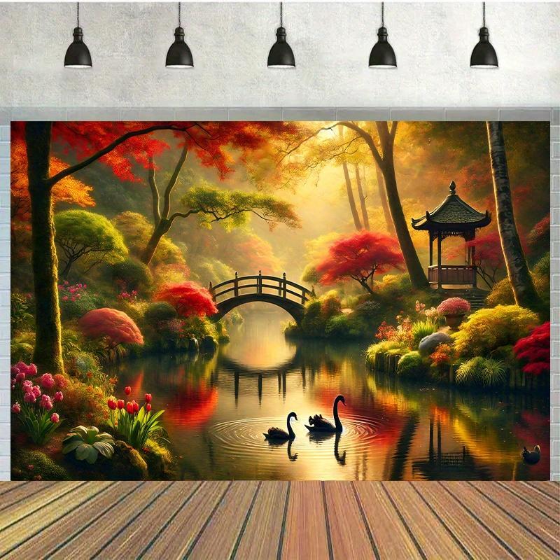 Interior Design With Wallpaper - Sonbahar Bahçe Köprüsü Kuğular Duvar Goblen